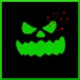 A jack-o-lantern face glowing green in front of a black void. Red splatter on the top-right of it.