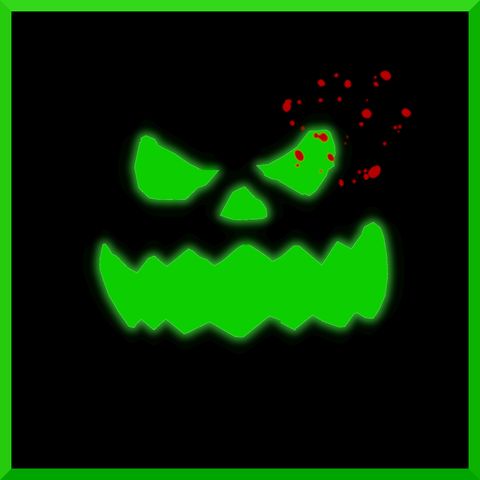 A jack-o-lantern face glowing green in front of a black void. Red splatter on the top-right of it.